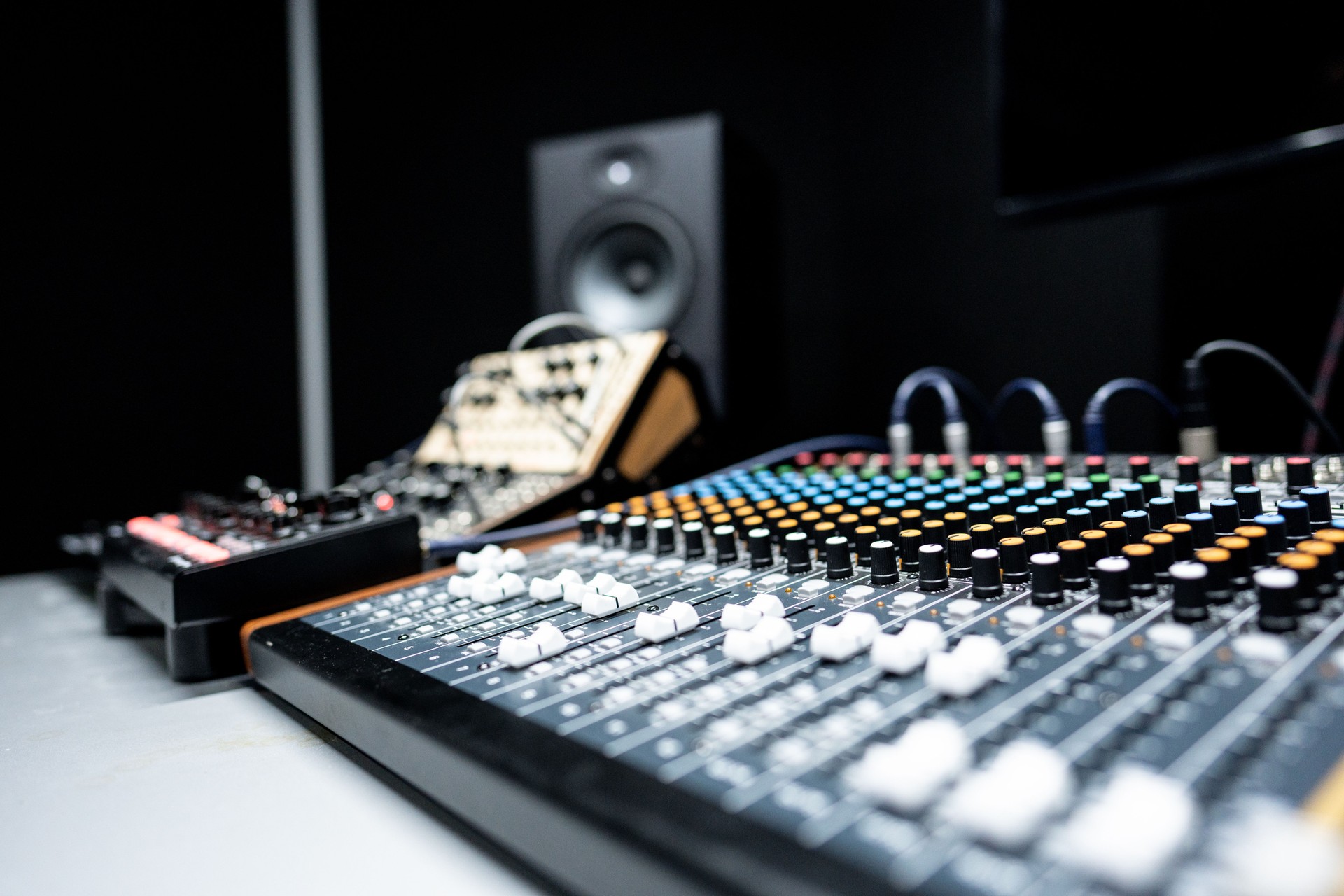 Close-up of a sound mixer in the recording studio