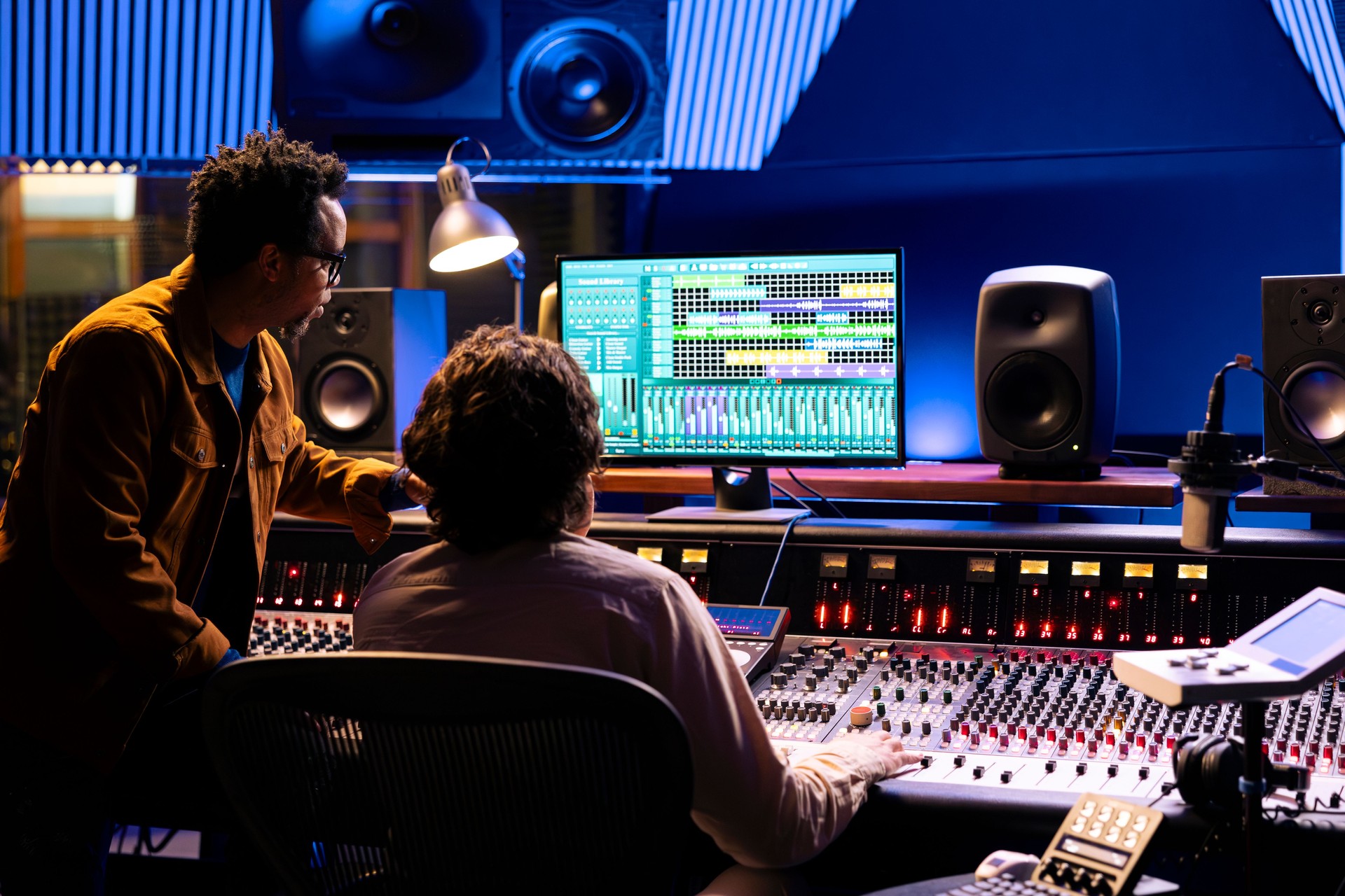 Singer and producer work on soundboard controller at recording studio station
